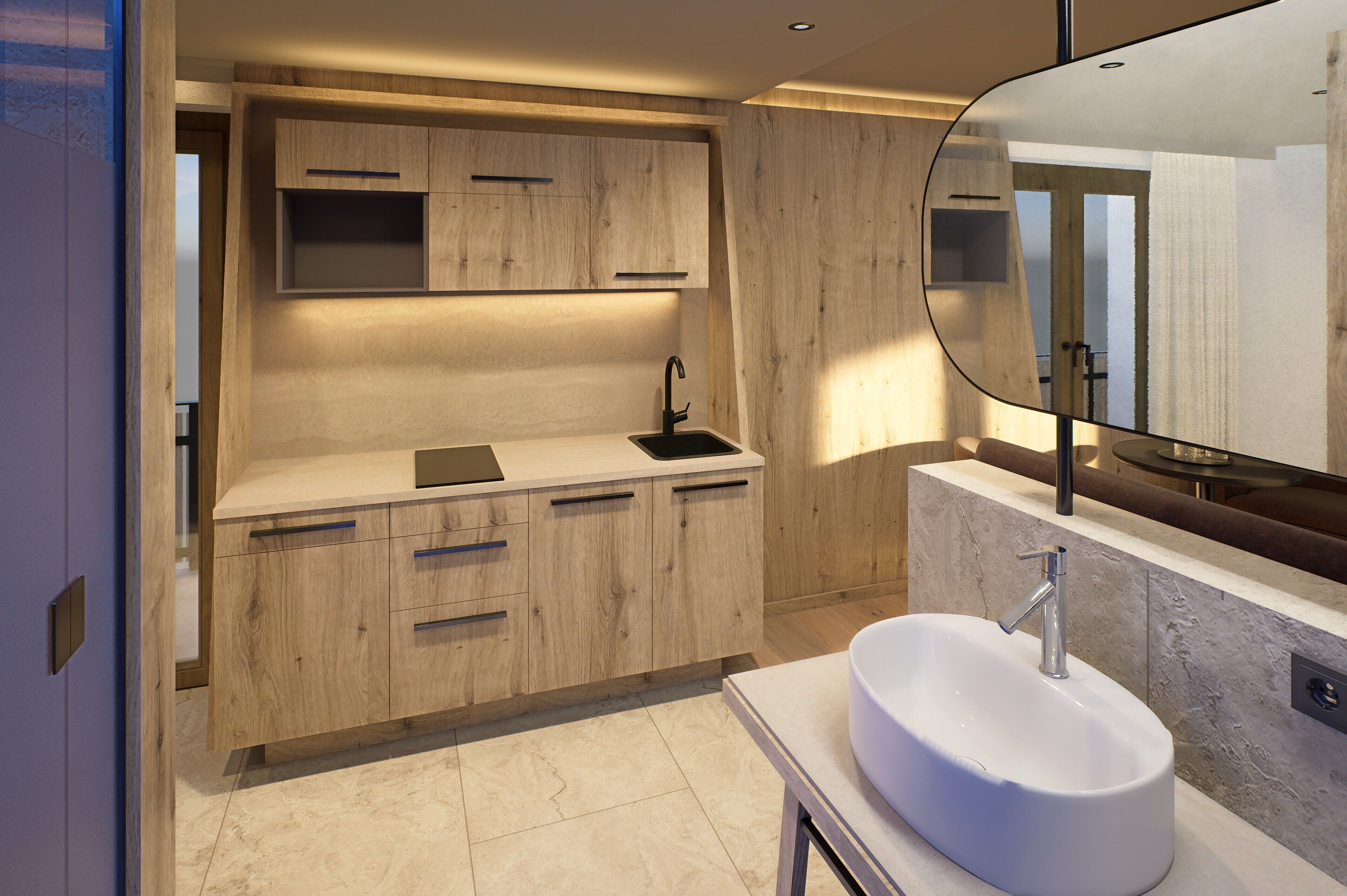 Une salle de bain moderne avec un grand miroir, un lavabo et des meubles en bois.