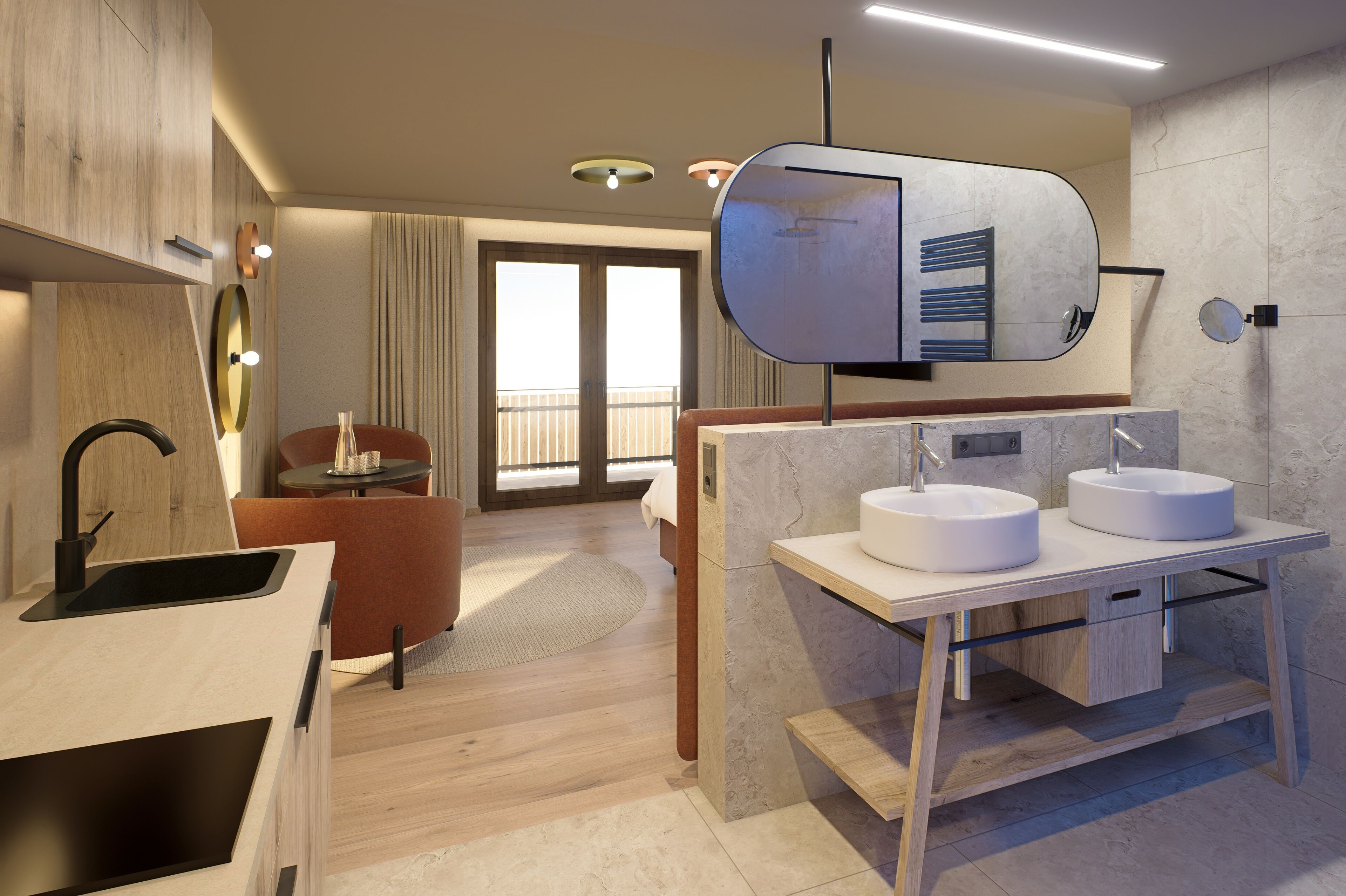 A modern hotel room with a kitchen area, a dining table, and a large window with a view.