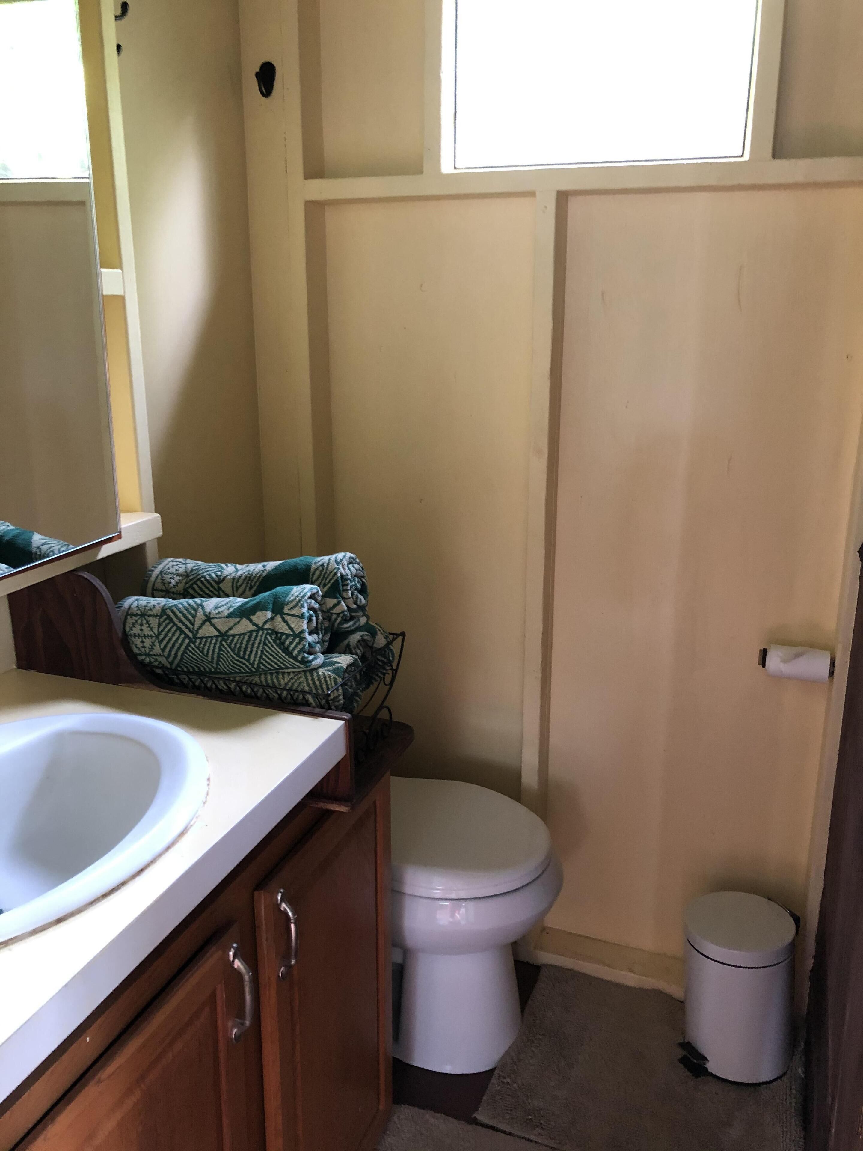 Un baño pequeño con lavamanos blanco, inodoro y cubo de basura.