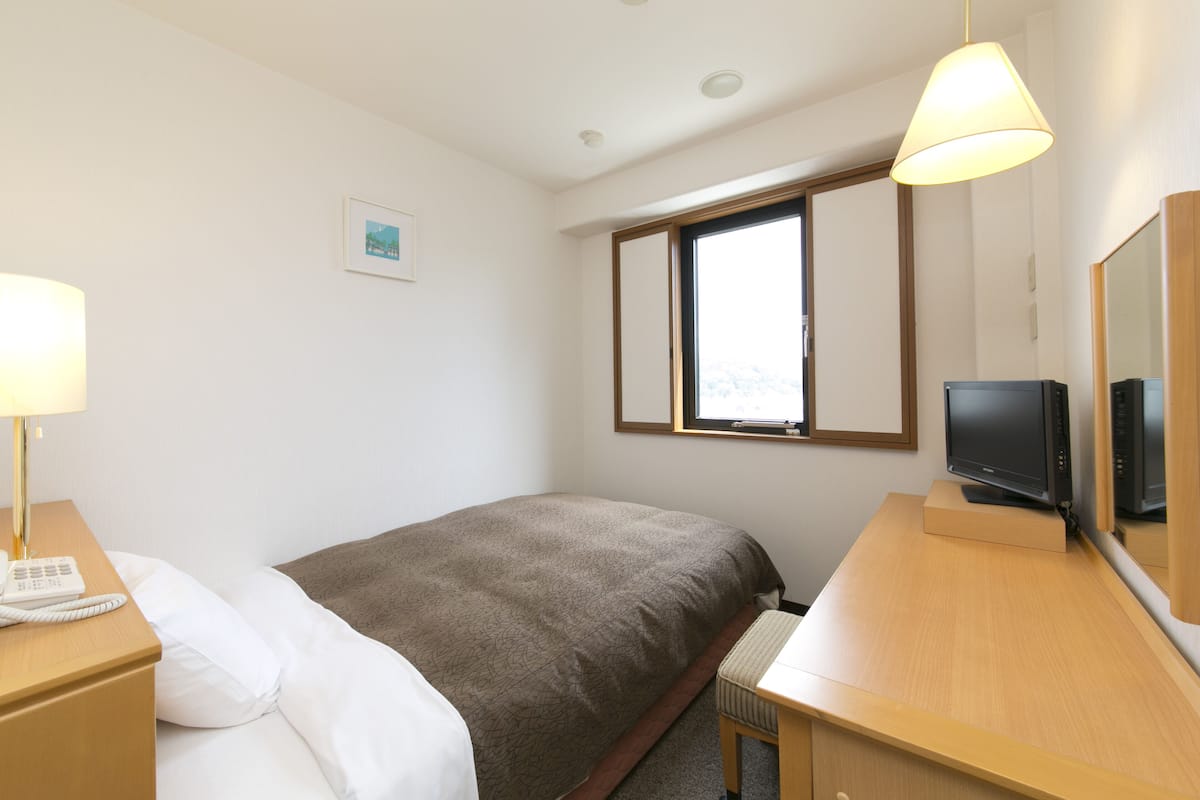 Une chambre d’hôtel avec un lit, une table de chevet avec une lampe, un téléviseur posé sur un meuble en bois et une fenêtre donnant sur des arbres.