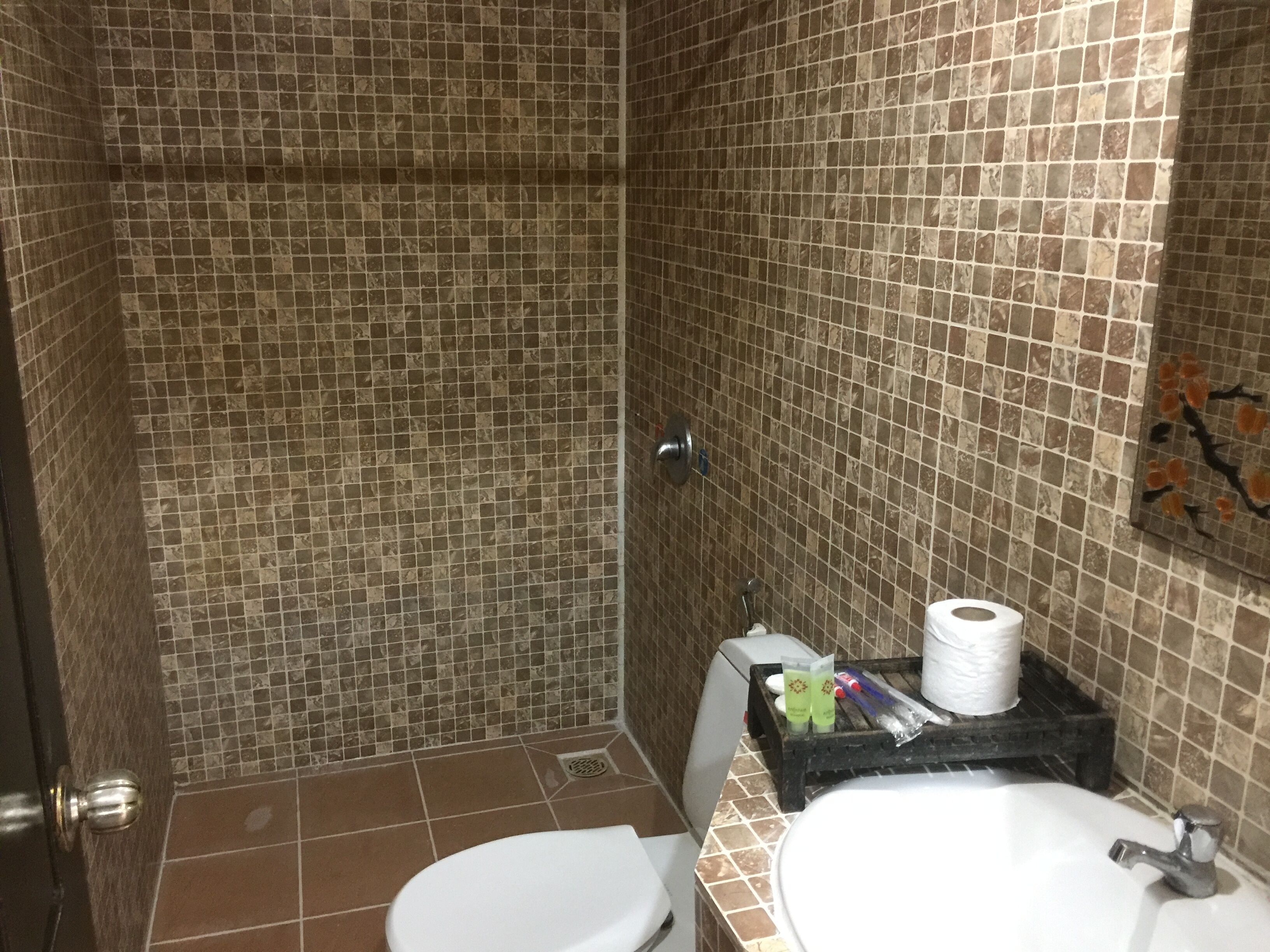 Um banheiro com parede de chuveiro em azulejo, vaso sanitário e pia com amenities.