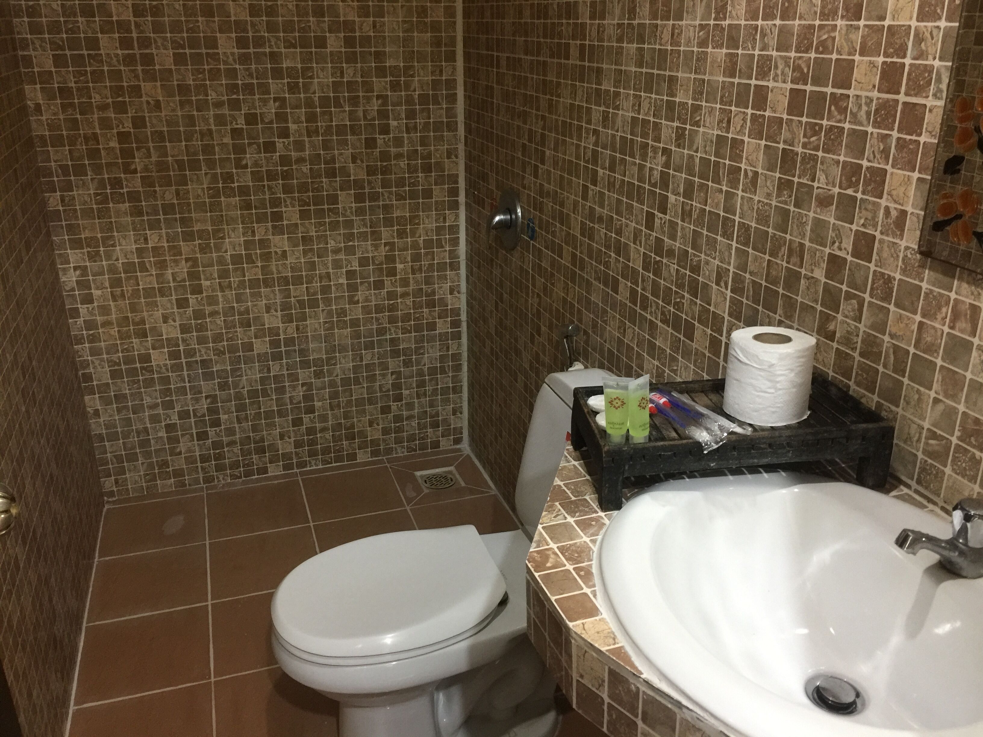 A bathroom with a toilet, sink, and tiled walls.