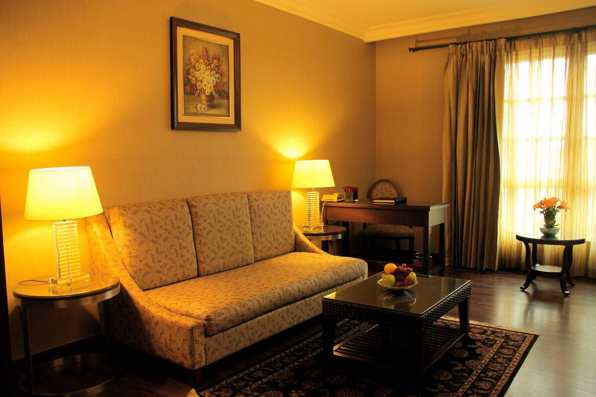 A living room with a sofa, two lamps, a coffee table with fruit, a painting on the wall, and a view through a window with curtains.