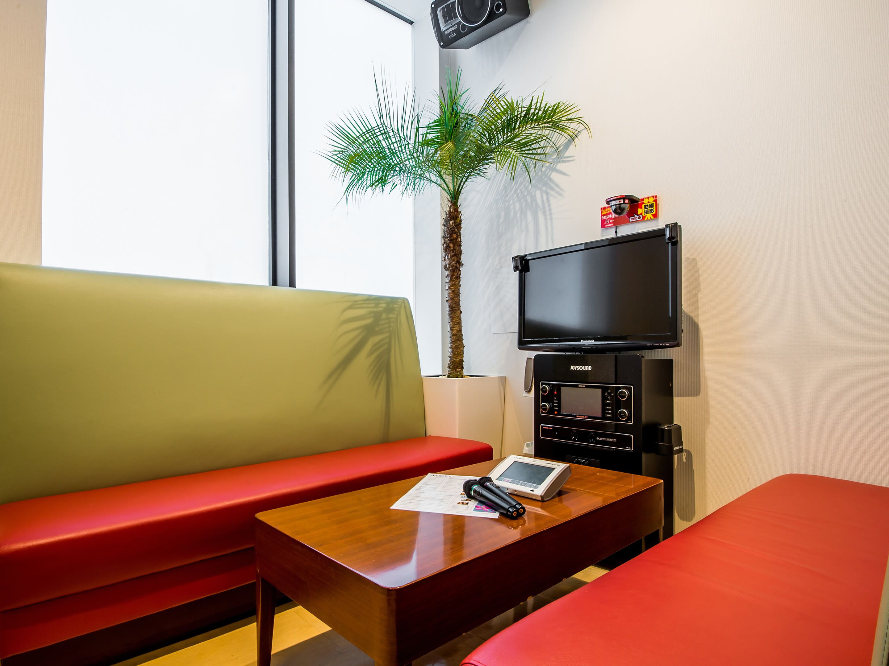 A room with a wooden table, a red sofa, a green sofa, a television, and a plant.