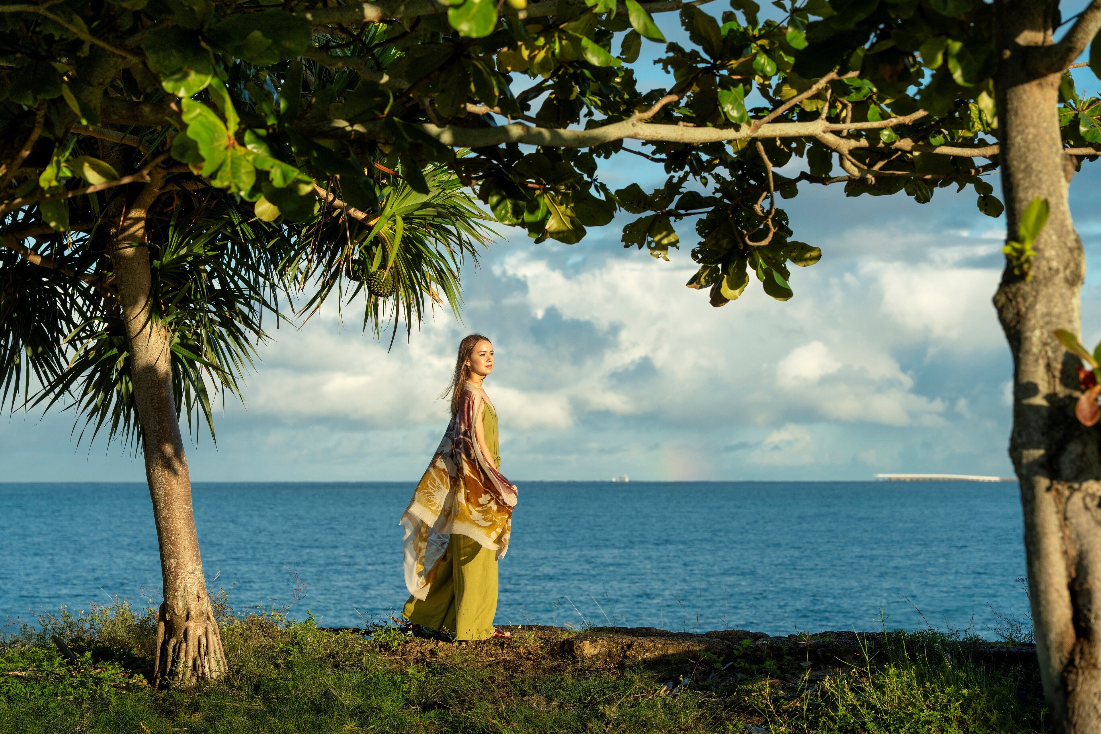 A person standing by a tree with a view of the sea and a rainbow in the background.