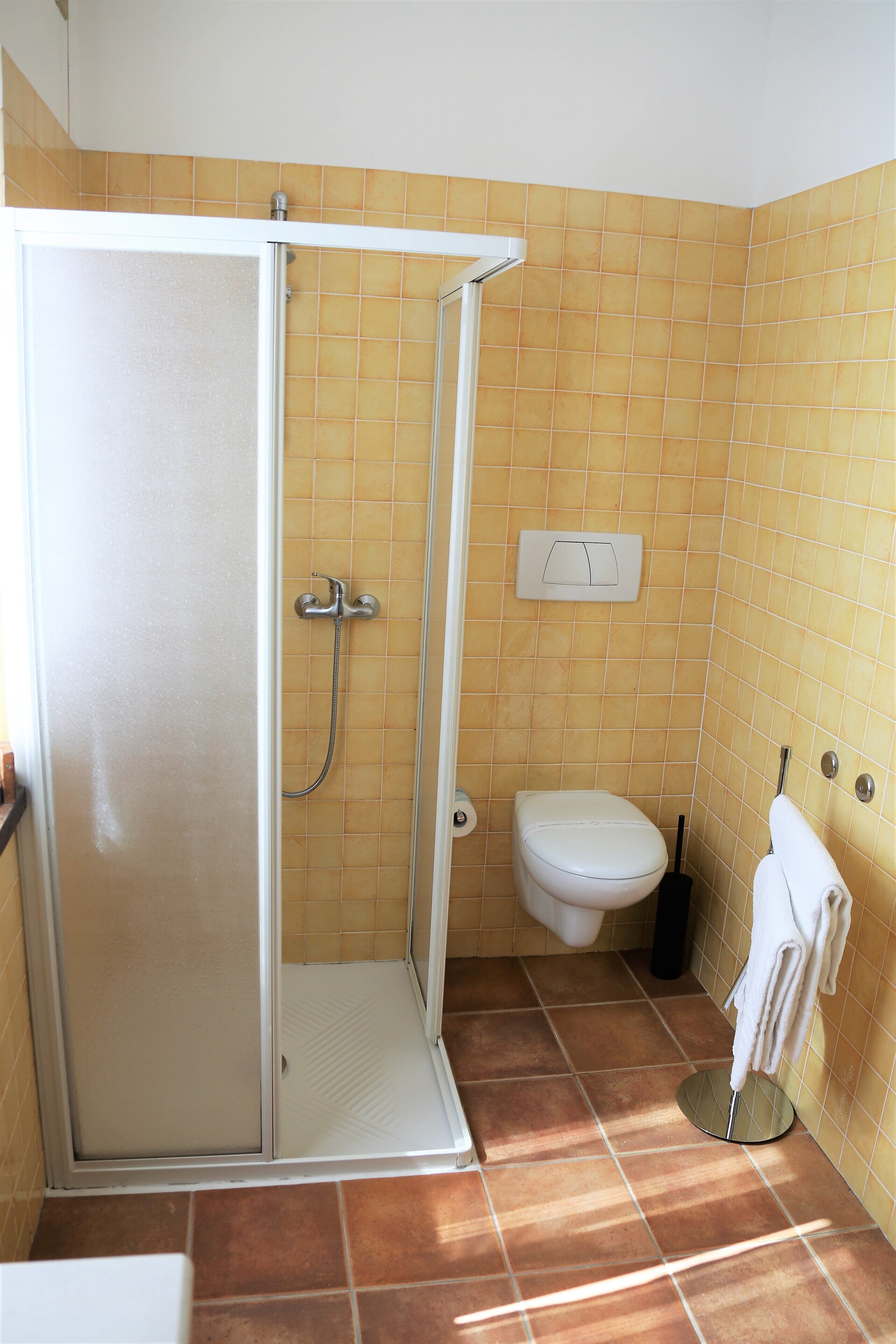 A bathroom with a shower, toilet, and a towel rack.