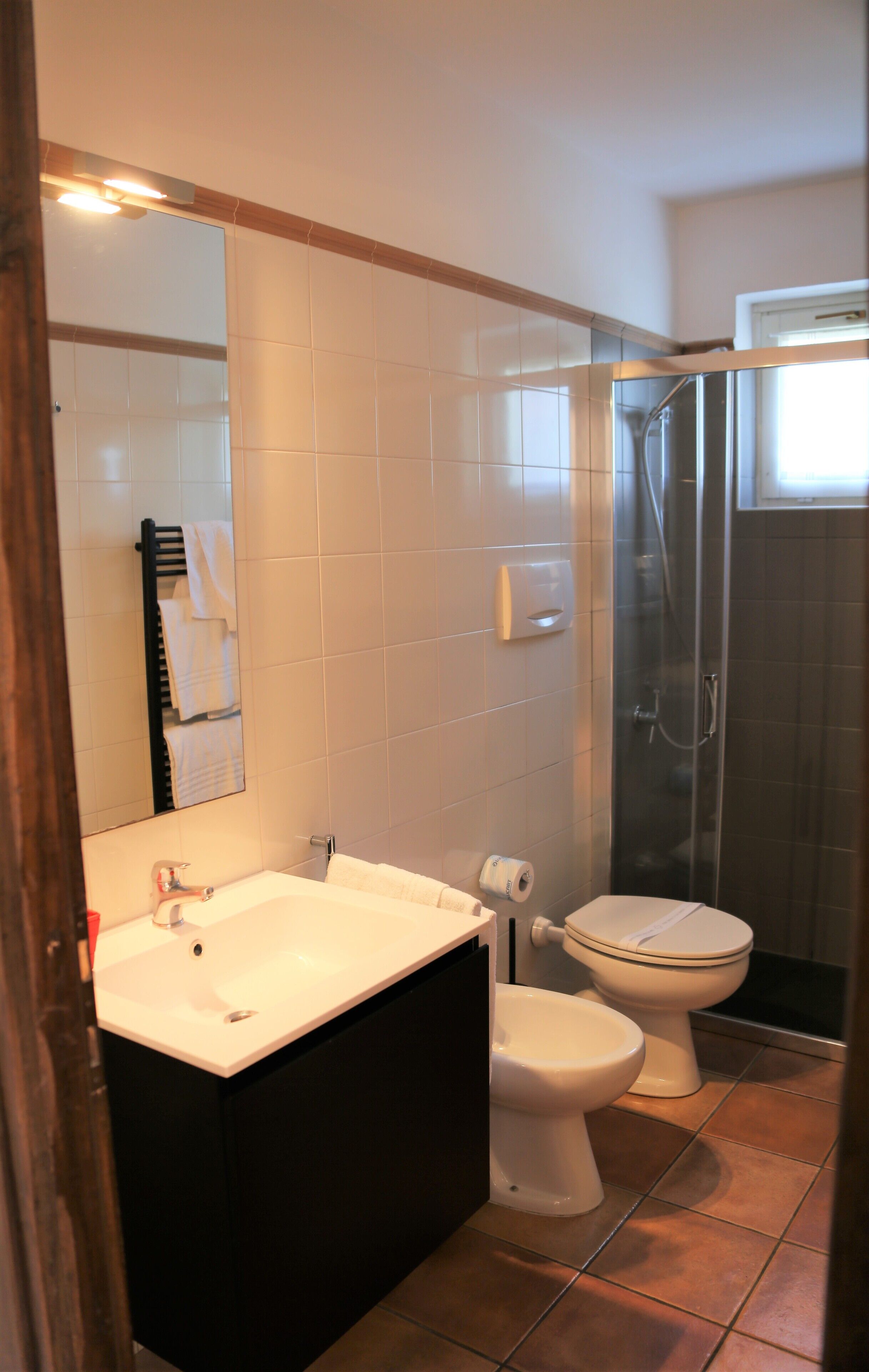 A bathroom with a white sink, a toilet, and a shower enclosure.