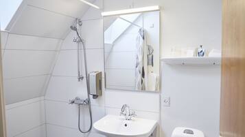 Un baño moderno con ducha, lavabo y espejo.