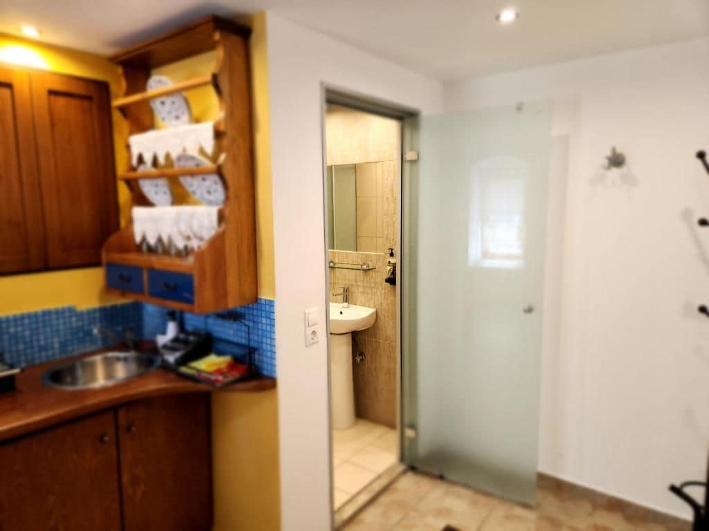 A kitchen with wooden cabinets and a blue tiled backsplash, leading to a bathroom with a glass shower door.