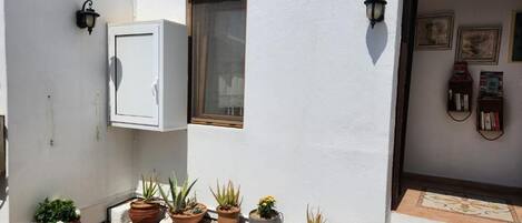 A white building with a door, windows, and potted plants.
