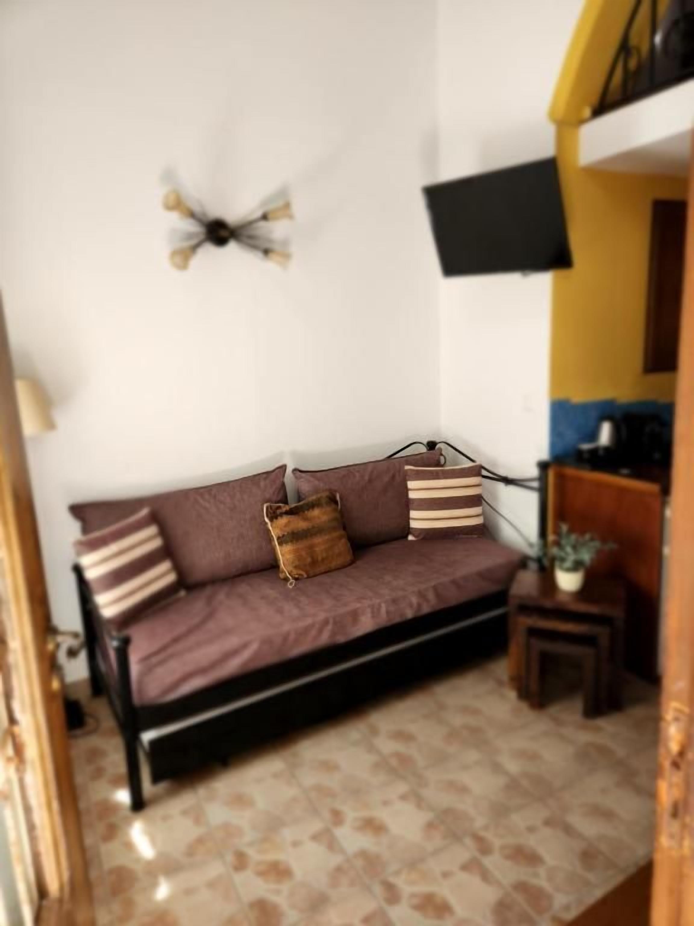 A room with a sofa, a small table with a plant, a wall-mounted TV, and a ceiling fan.