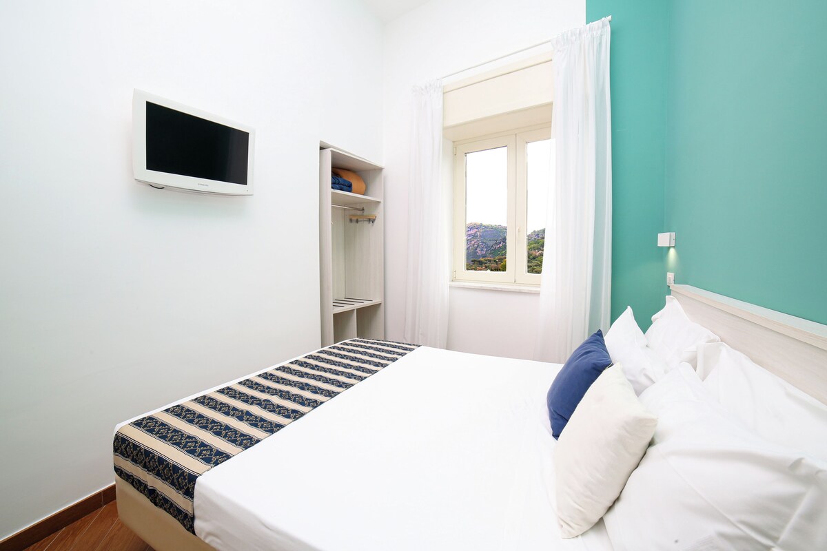 Une petite chambre à coucher, bien rangée, avec un lit, un téléviseur fixé au mur, une fenêtre avec des rideaux et une étagère sur laquelle se trouvent une serviette et un petit objet.