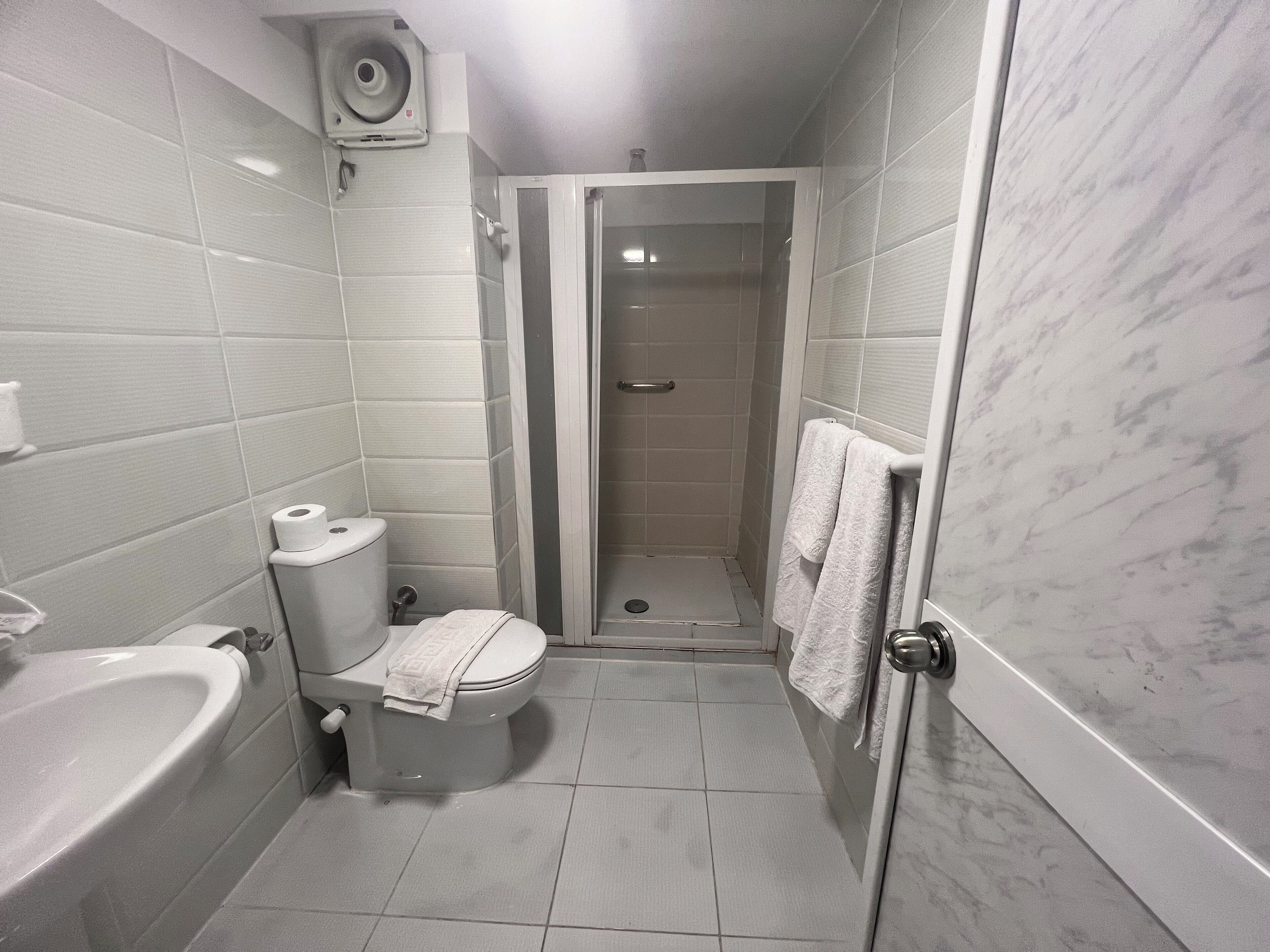 A compact bathroom with a toilet, bidet, and shower stall.
