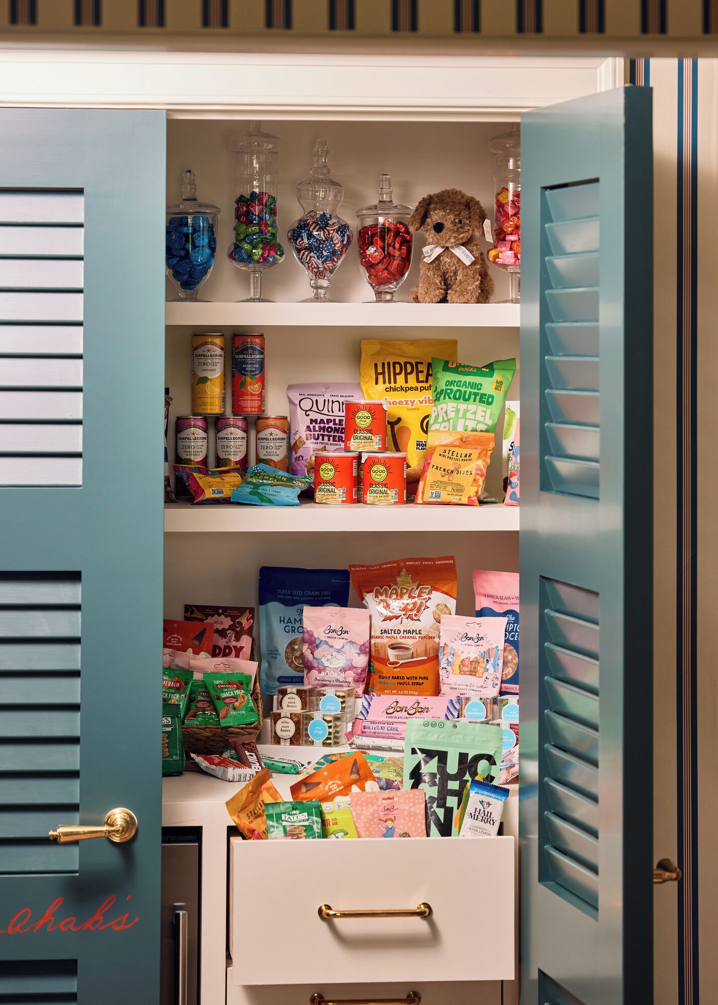 Una despensa de cocina con estantes llenos de aperitivos, salsas y un osito de peluche.