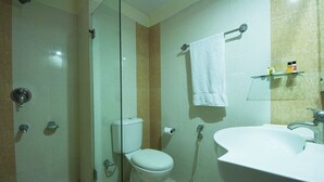 Une salle de bain avec une douche à parois de verre, des toilettes, un lavabo et un porte-serviettes.