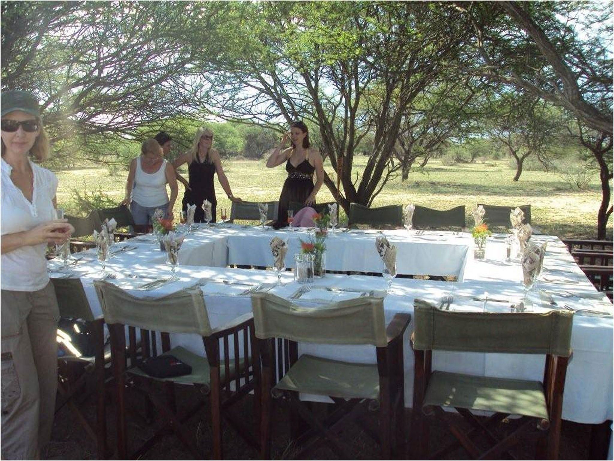 An outdoor dining area with tables set for a meal, surrounded by trees.