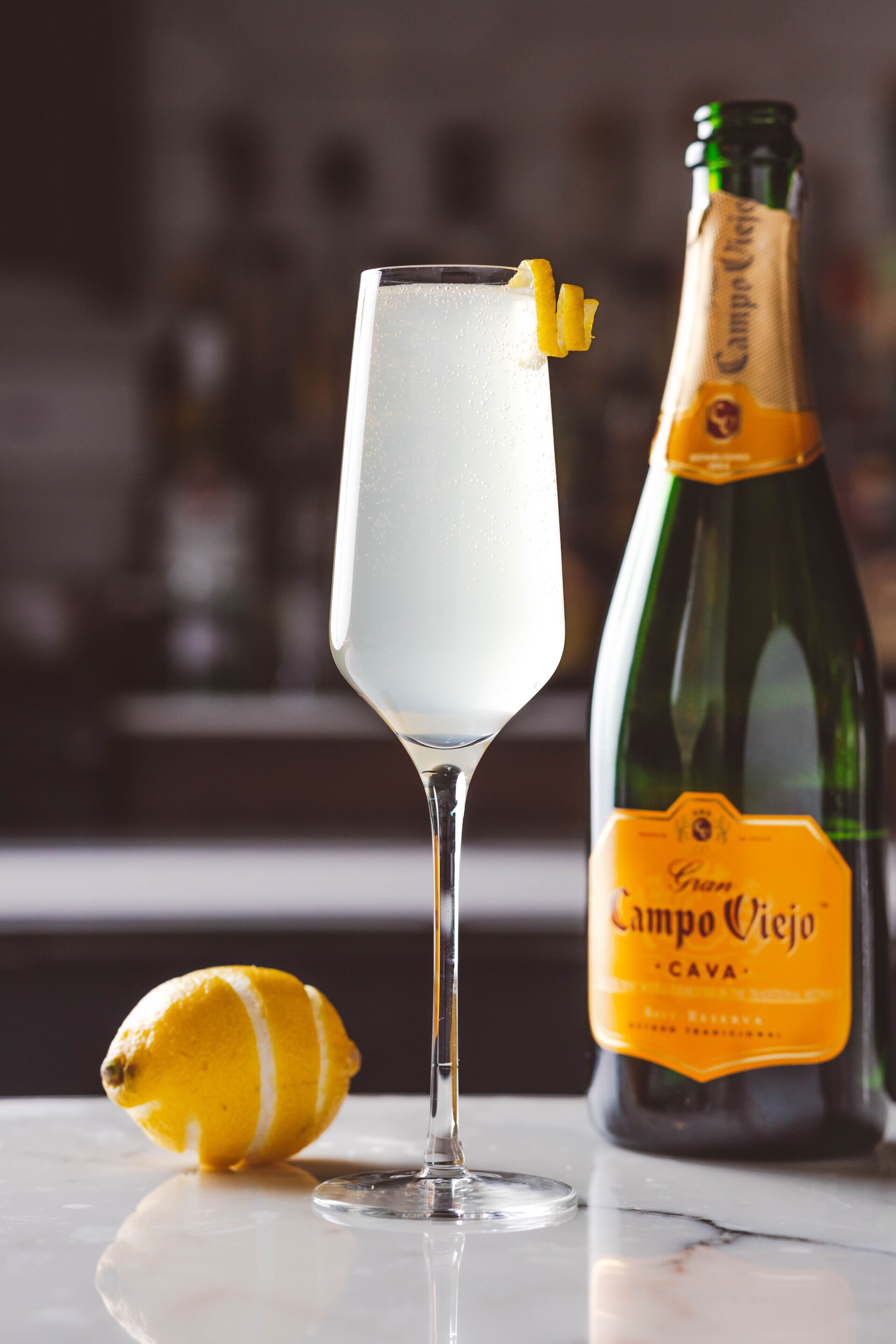A glass of a clear beverage with a lemon slice garnish, a bottle labeled "Campo Viejo Cava," and a lemon half on a reflective surface.