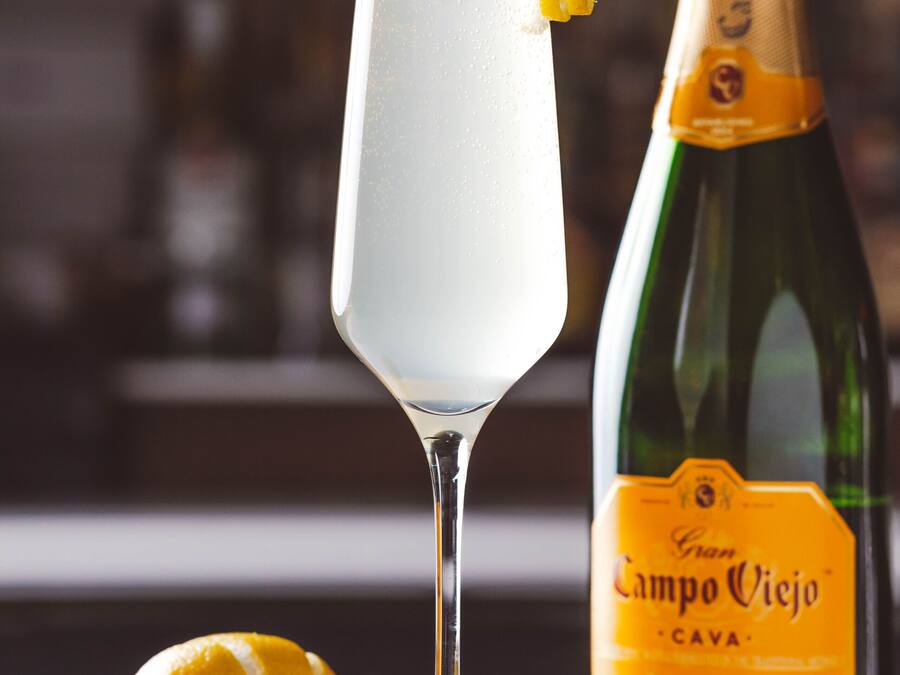 A glass of a clear beverage with a lemon slice garnish, a bottle labeled "Campo Viejo Cava," and a lemon half on a reflective surface.