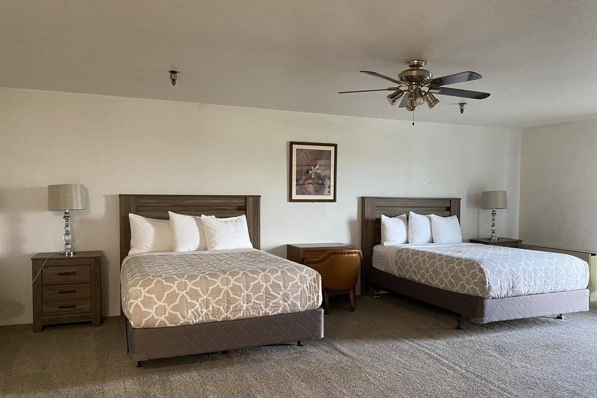 A hotel room with two beds, a ceiling fan, a framed picture on the wall, and a carpeted floor.