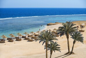 A beach with clear blue water, sandy shore, and palm trees.