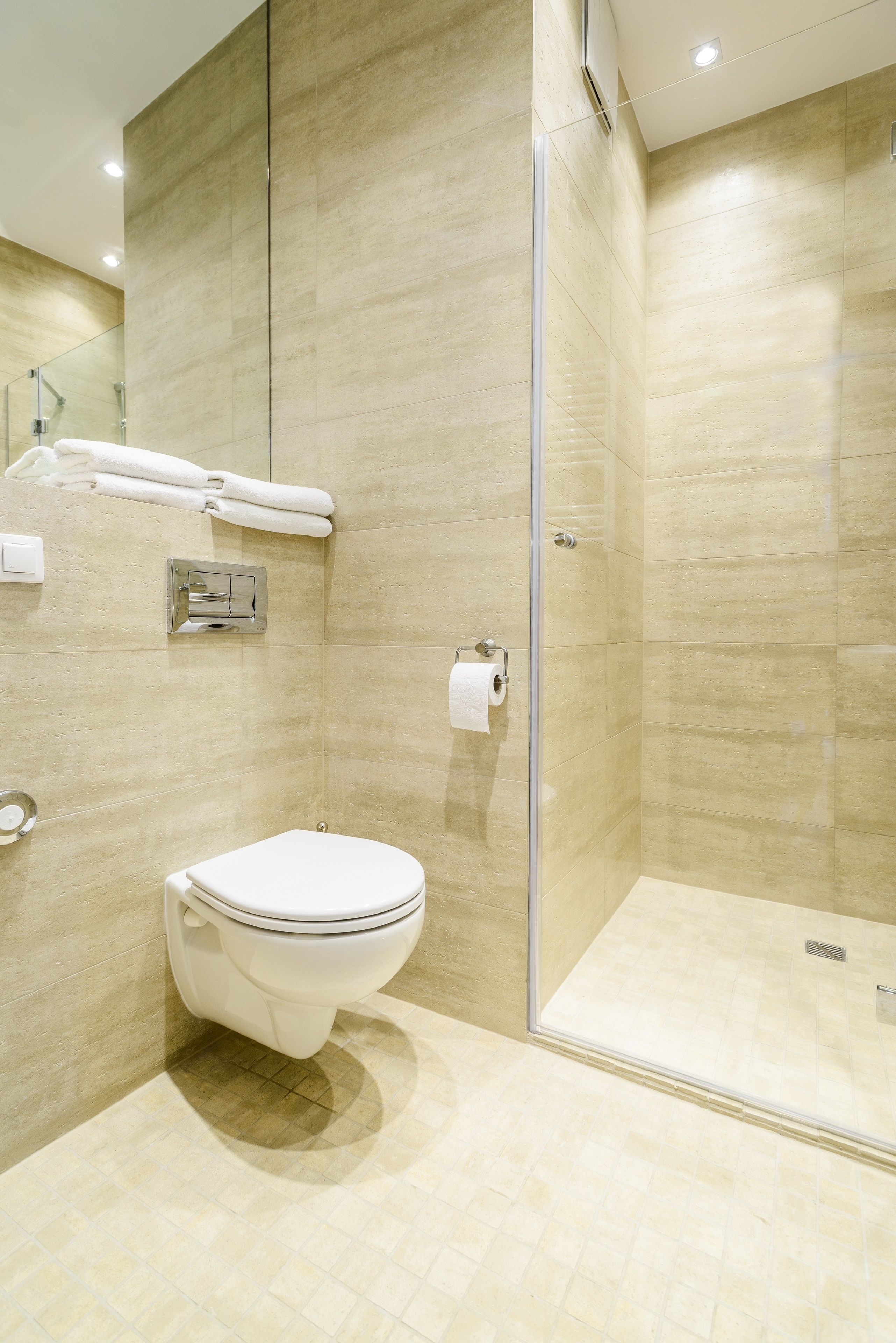 A modern bathroom with a toilet, a glass shower enclosure, and a towel rack.