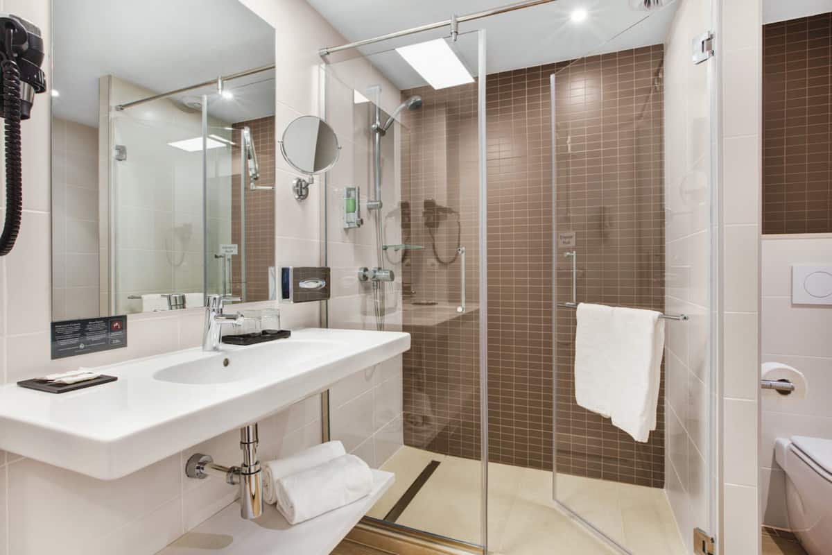 shower, eco-friendly toiletries, hair dryer, towels