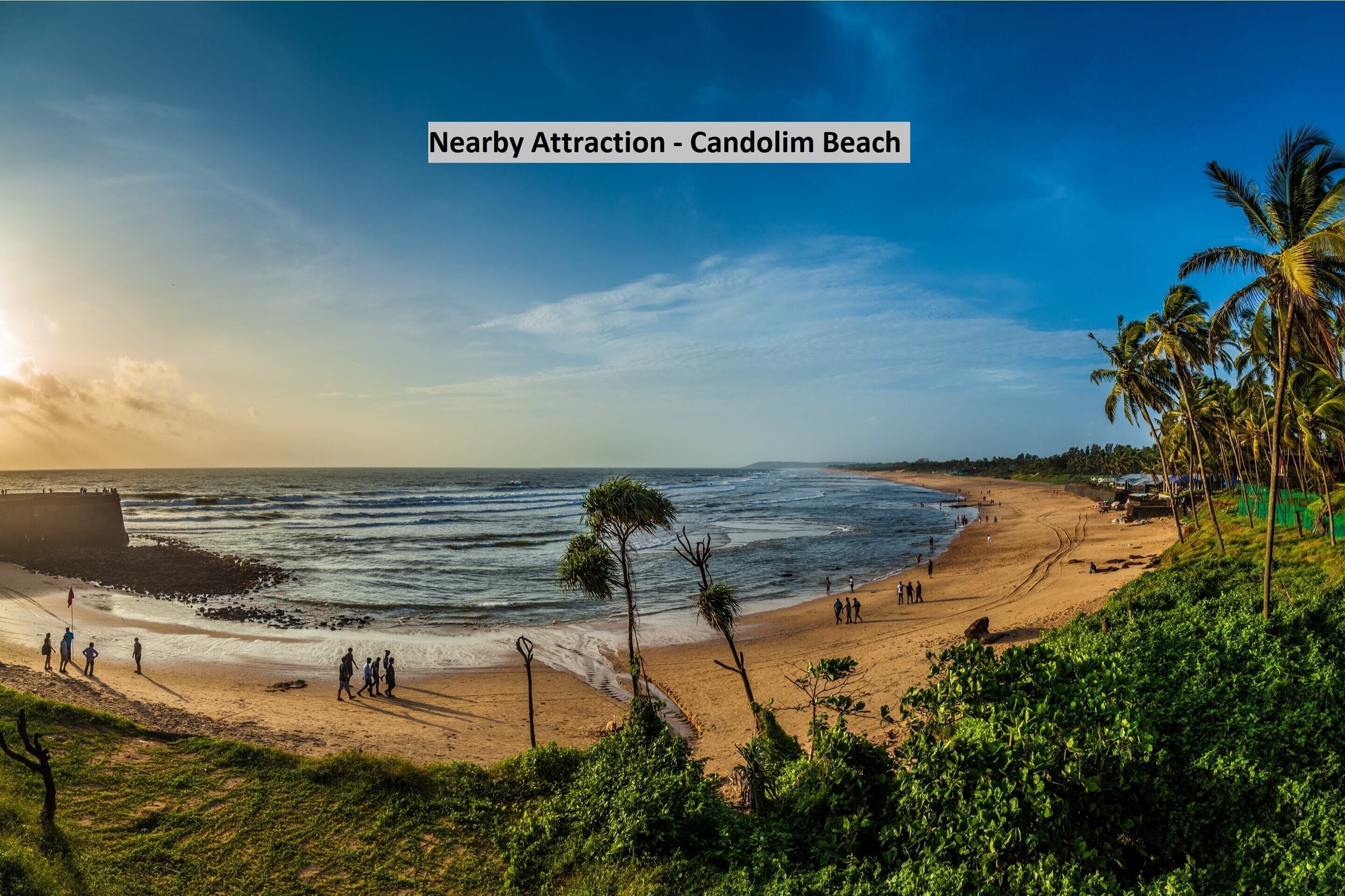 A beach scene with people walking, palm trees, and a clear sky.