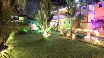 A well-lit garden area with a large banana plant, palm trees, and a building with colorful lighting.