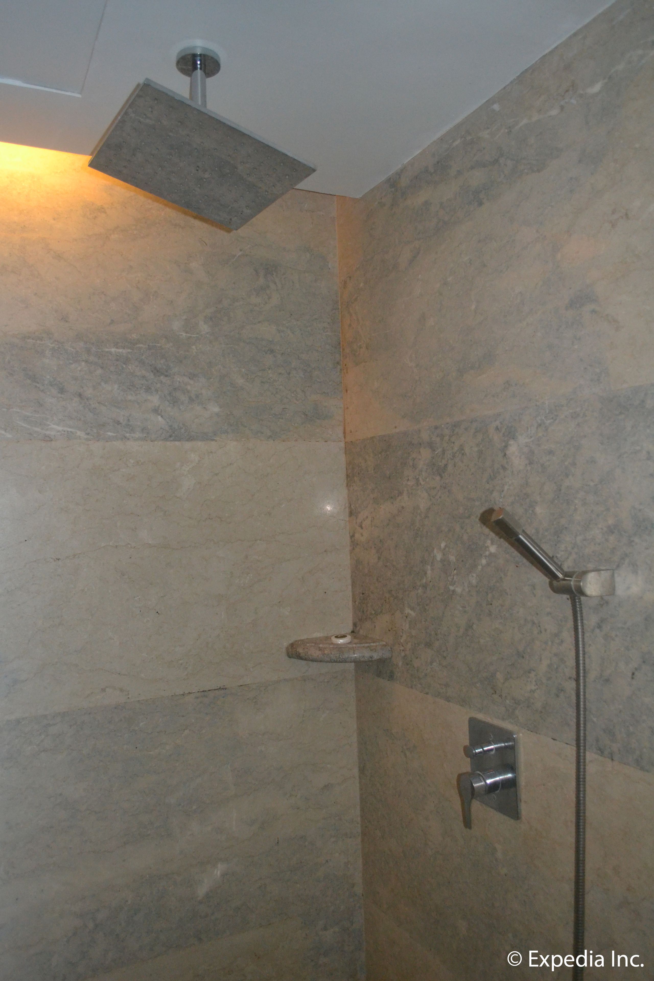 A shower area with a handheld showerhead, a wall-mounted control, and a shelf.