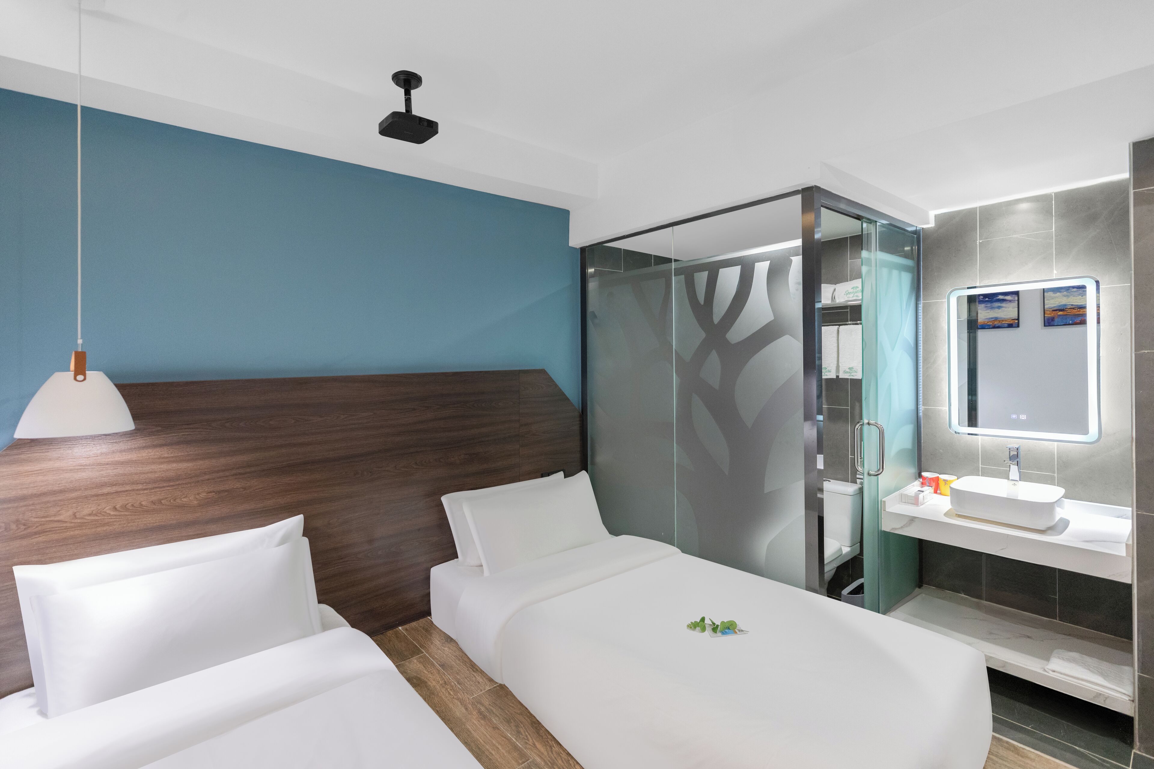 Habitación de hotel con cama, mesita de noche, espejo y baño con lavabo y ducha.
