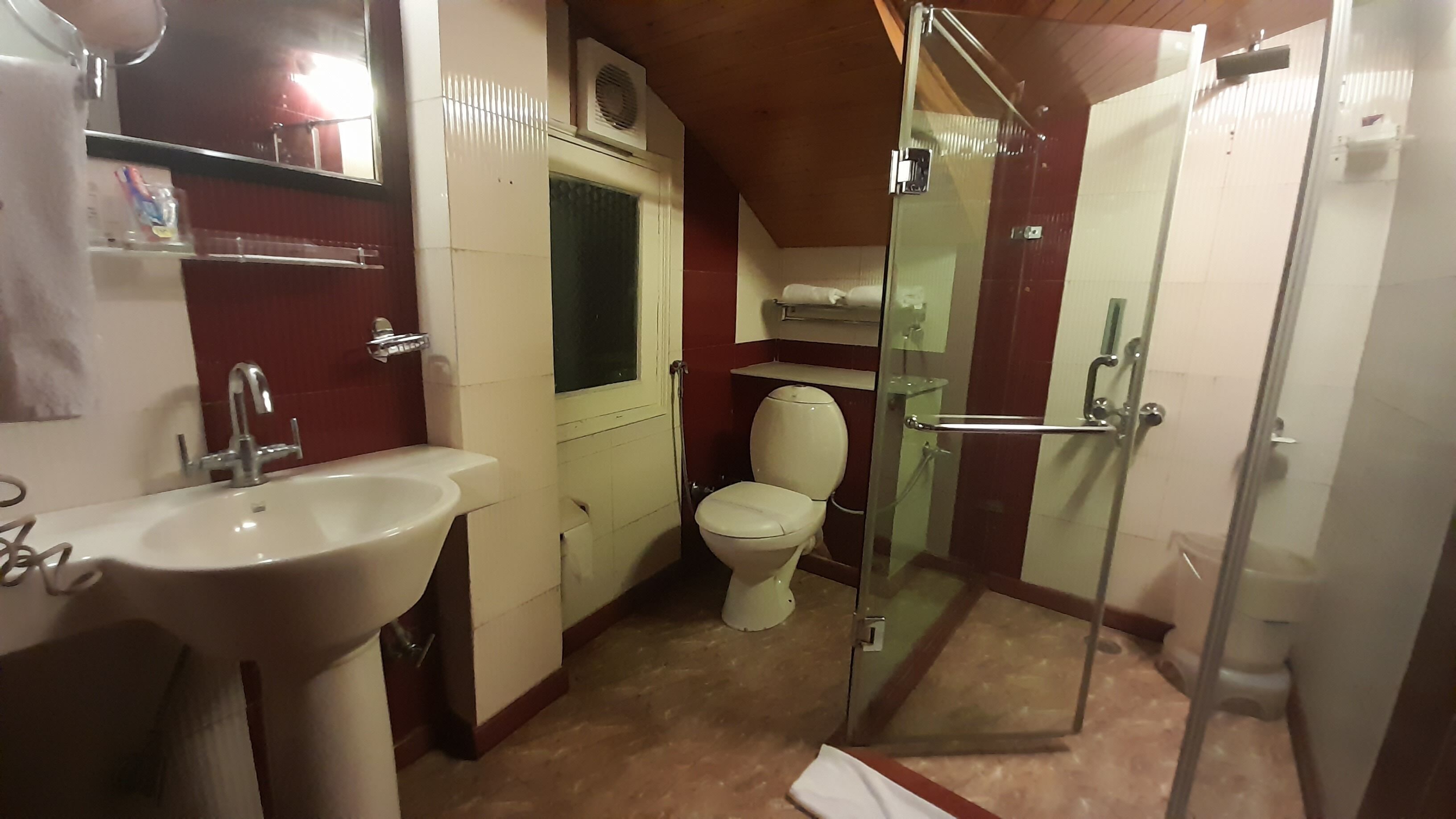Un bagno compatto con lavandino, servizi igienici e cabina doccia in vetro.