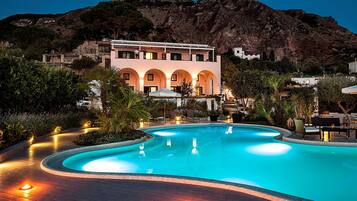 Outdoor pool, pool umbrellas, pool loungers