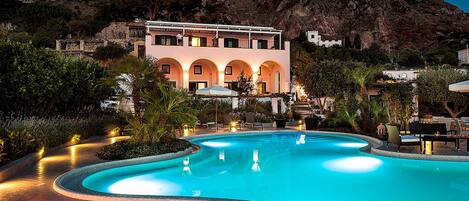 Outdoor pool, pool umbrellas, pool loungers