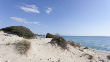 Na praia, areia branca, prática de mergulho livre no local 