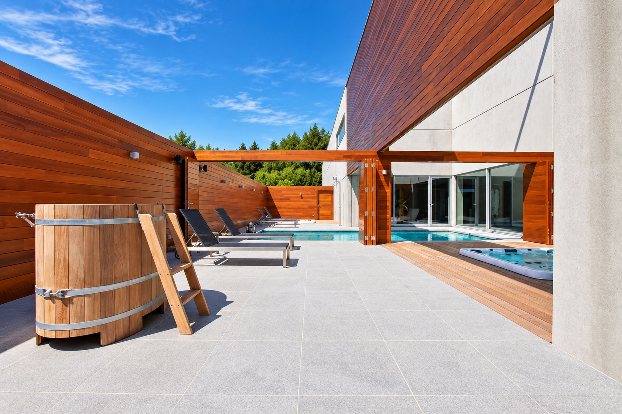 Een zwembad buiten met moderne inrichting, een houten terras, ligbedden en een jacuzzi.
