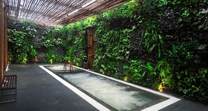 Un jardin intérieur paisible, agrémenté d’un élément aquatique, d’un banc en bois et d’une structure en bambou.