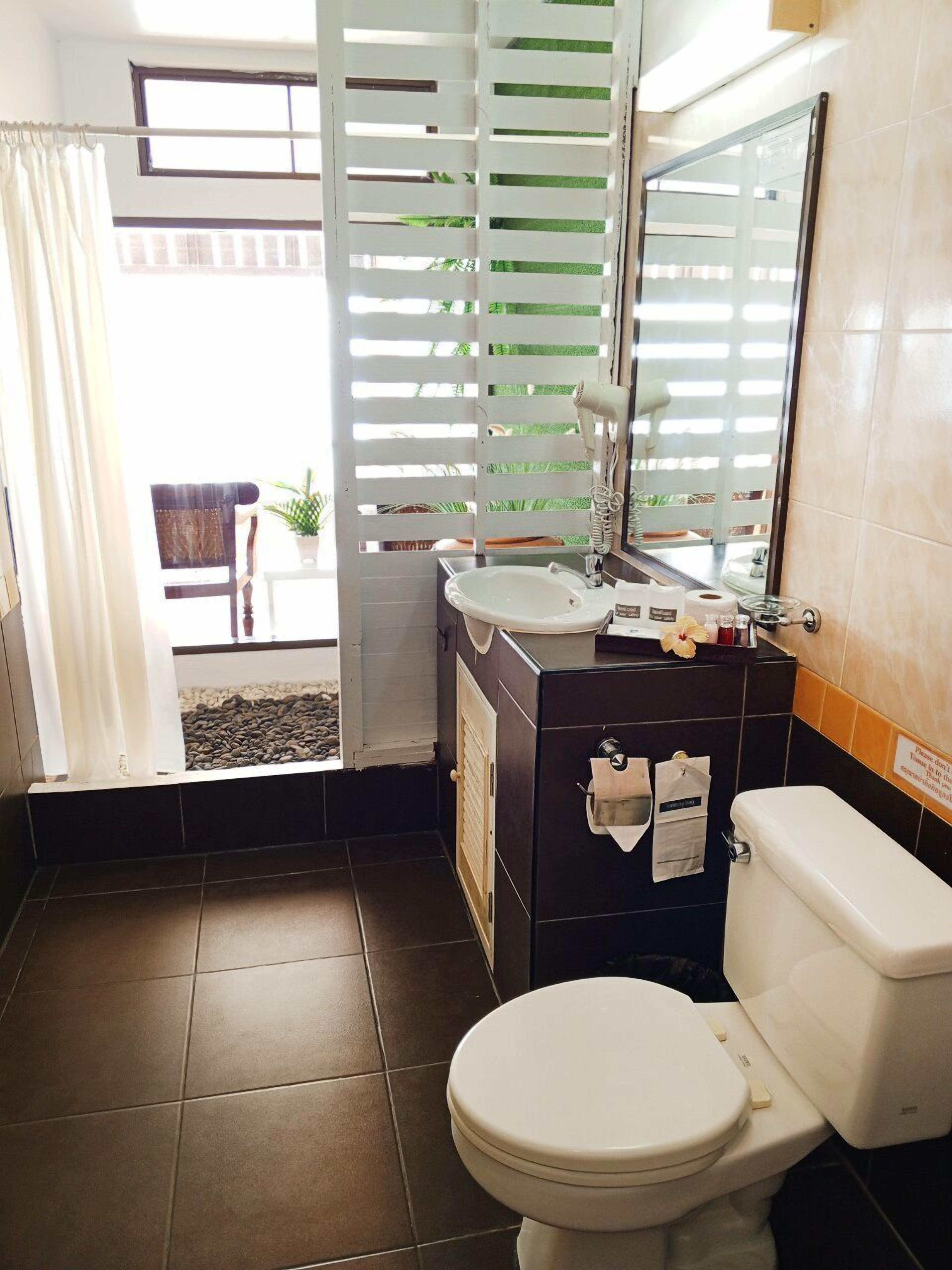 A bathroom with a toilet, sink, and mirror. There is a window with blinds, and a potted plant is visible outside.