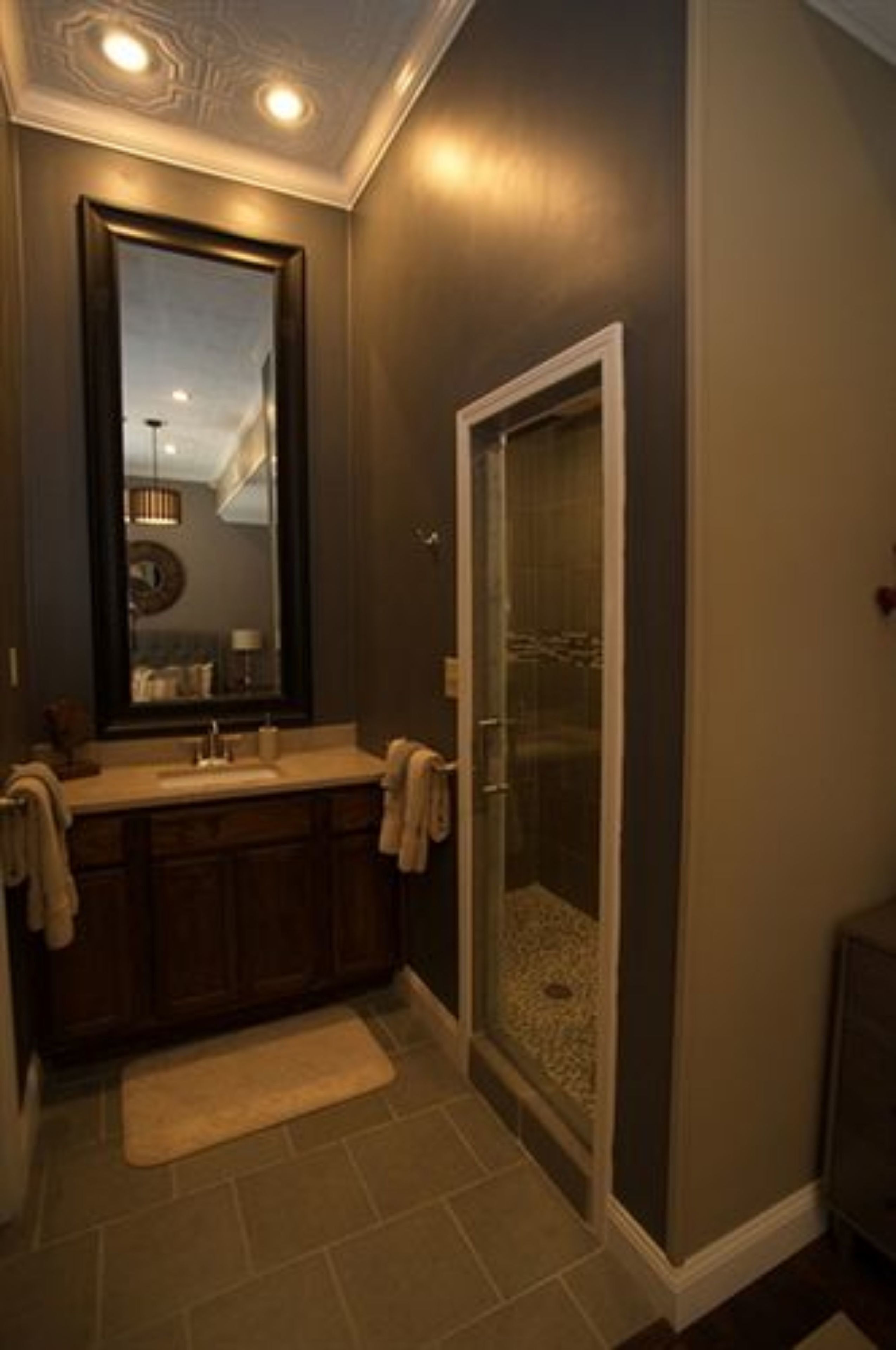Une salle de bain avec un mur de couleur sombre, un grand miroir, un lavabo et un espace douche.