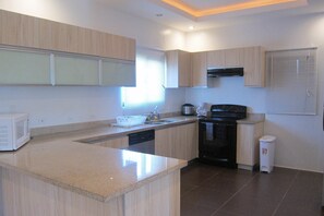 Full-sized fridge, microwave, stovetop, dishwasher