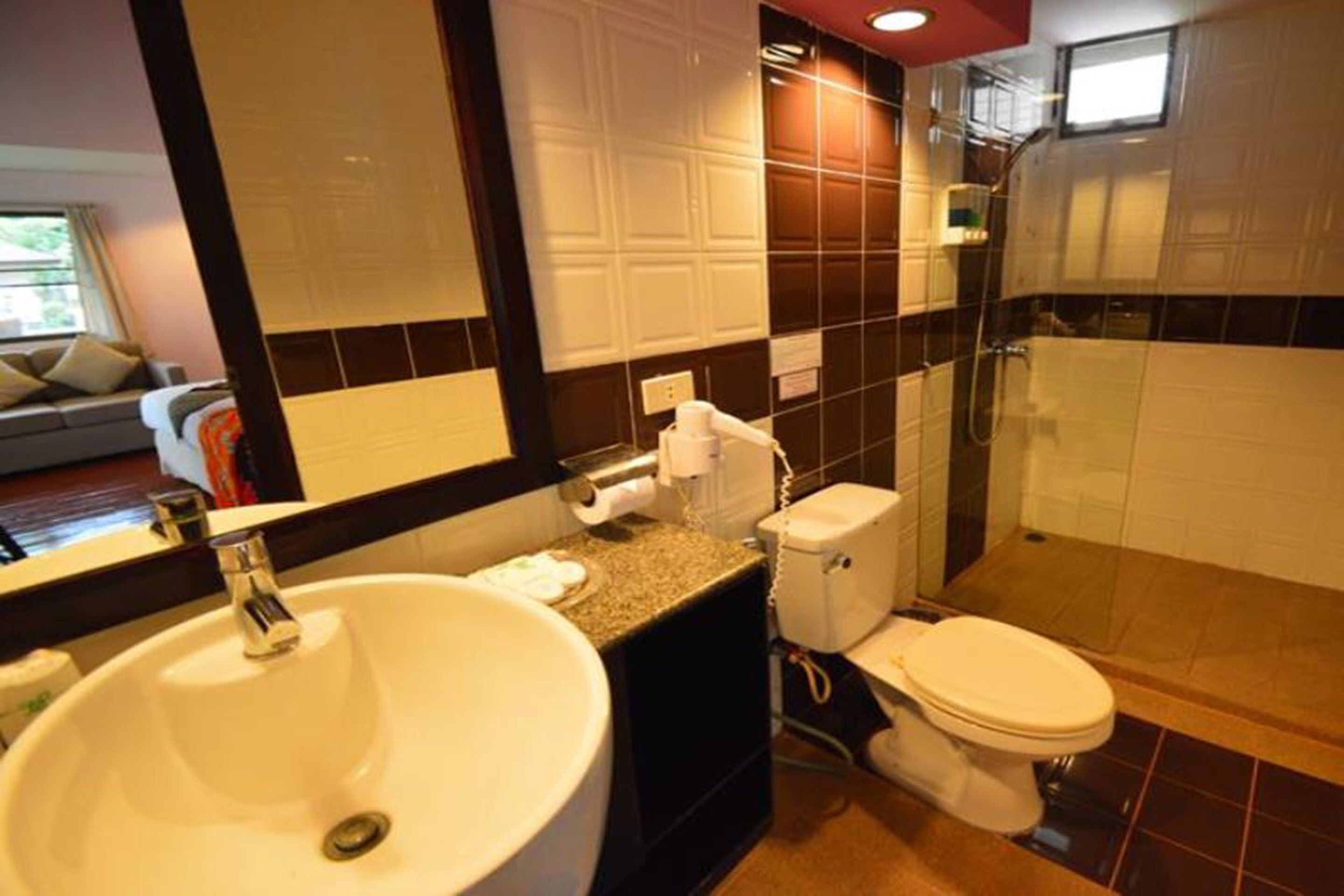 Een badkamer met een groot wastafel, toilet en douchehoek.