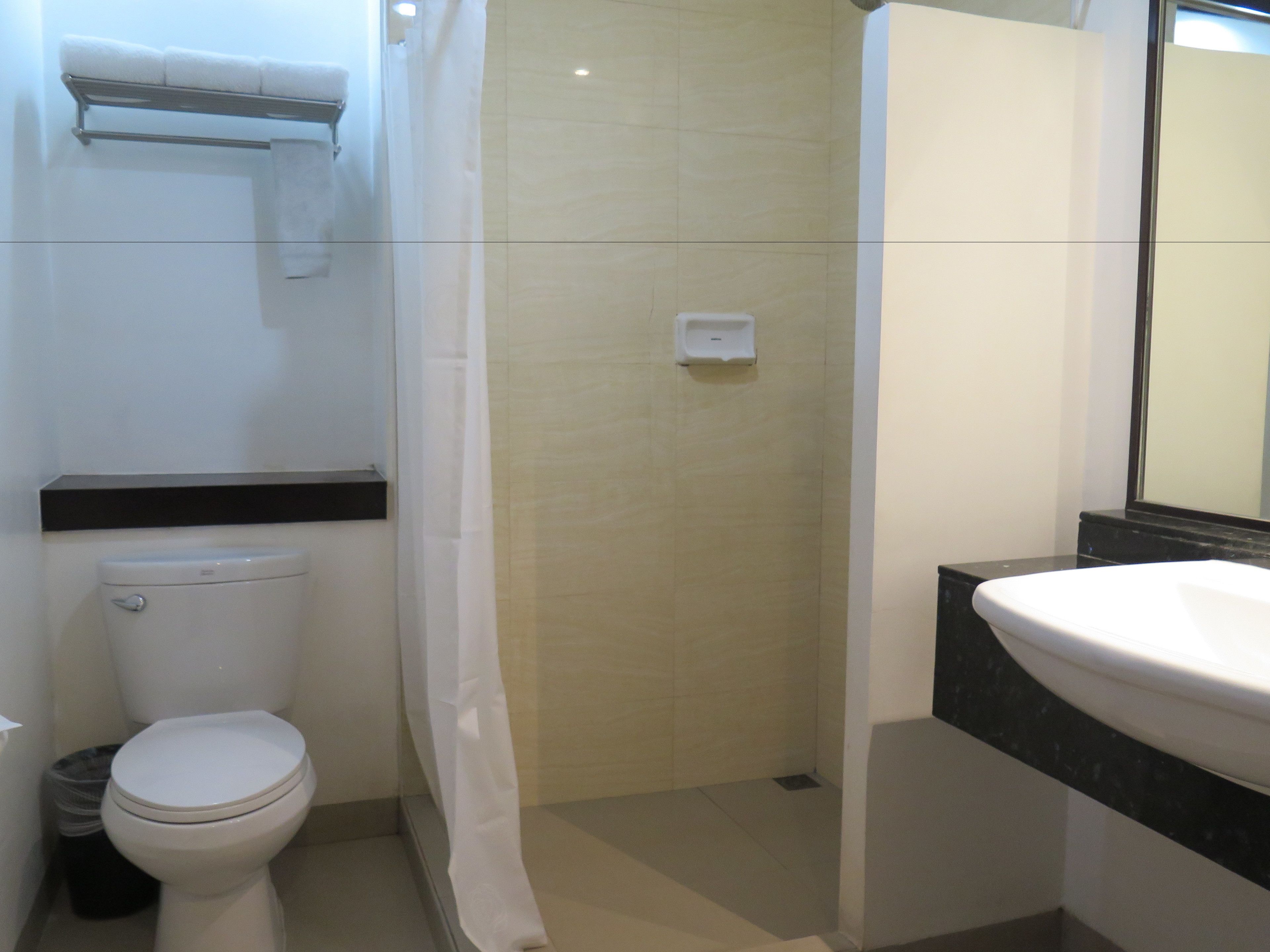 Ein Badezimmer mit Toilette, Dusche und Waschbecken.