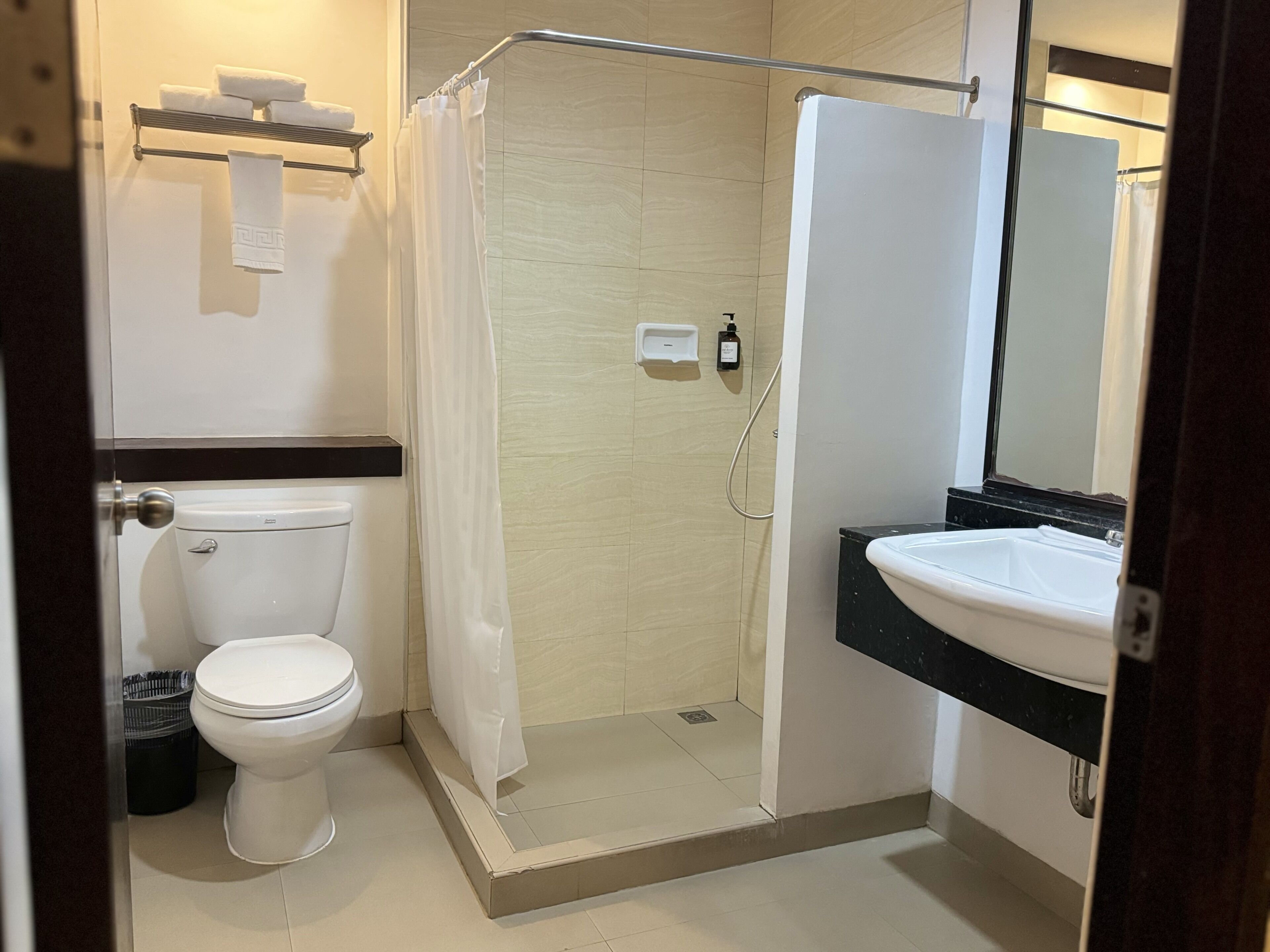 A bathroom with a toilet, a shower, and a sink.