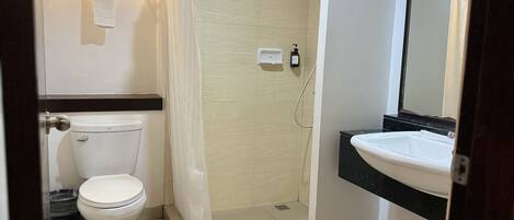 A bathroom with a toilet, a shower, and a sink.