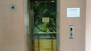 An elevator with a palm tree mural, a lift button, and a sign stating 'Attention: Wet clothes are not allowed in lift. Thank you.' - Landcons Hotel (Langkawi)