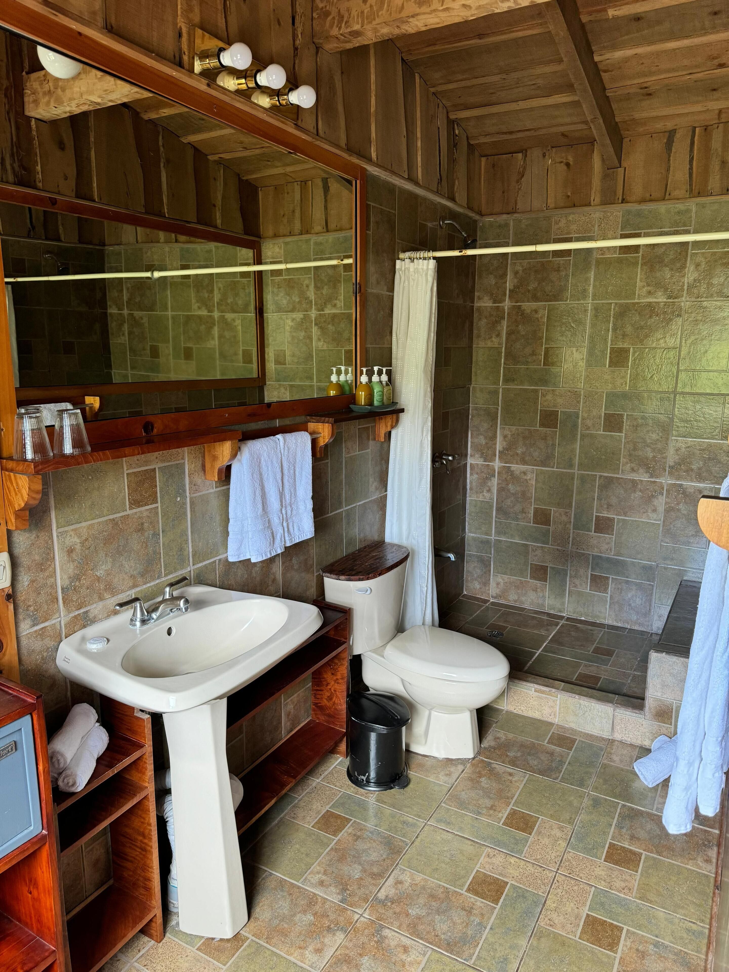 Une salle de bain avec un plafond en bois, un lavabo, des toilettes et un espace douche.