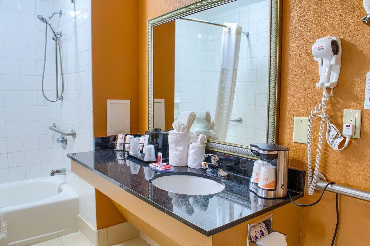 Bathroom | Combined shower/tub, free toiletries, hair dryer, towels
