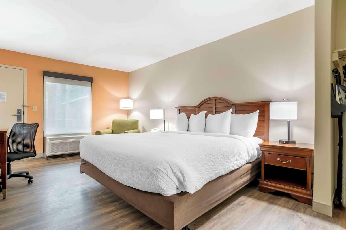 A hotel room with a large bed, bedside tables, a chair, and a desk.