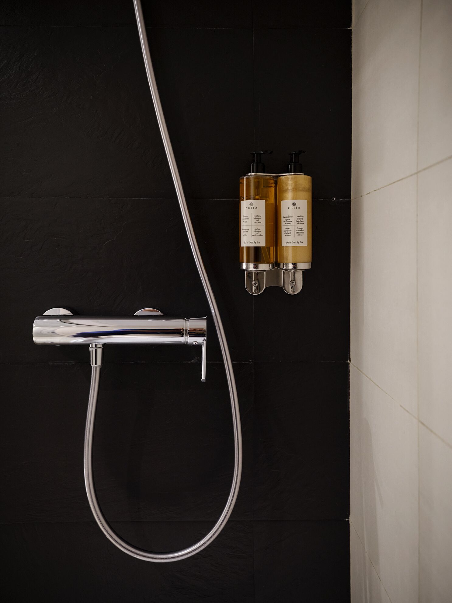 shower, designer toiletries, hair dryer, slippers