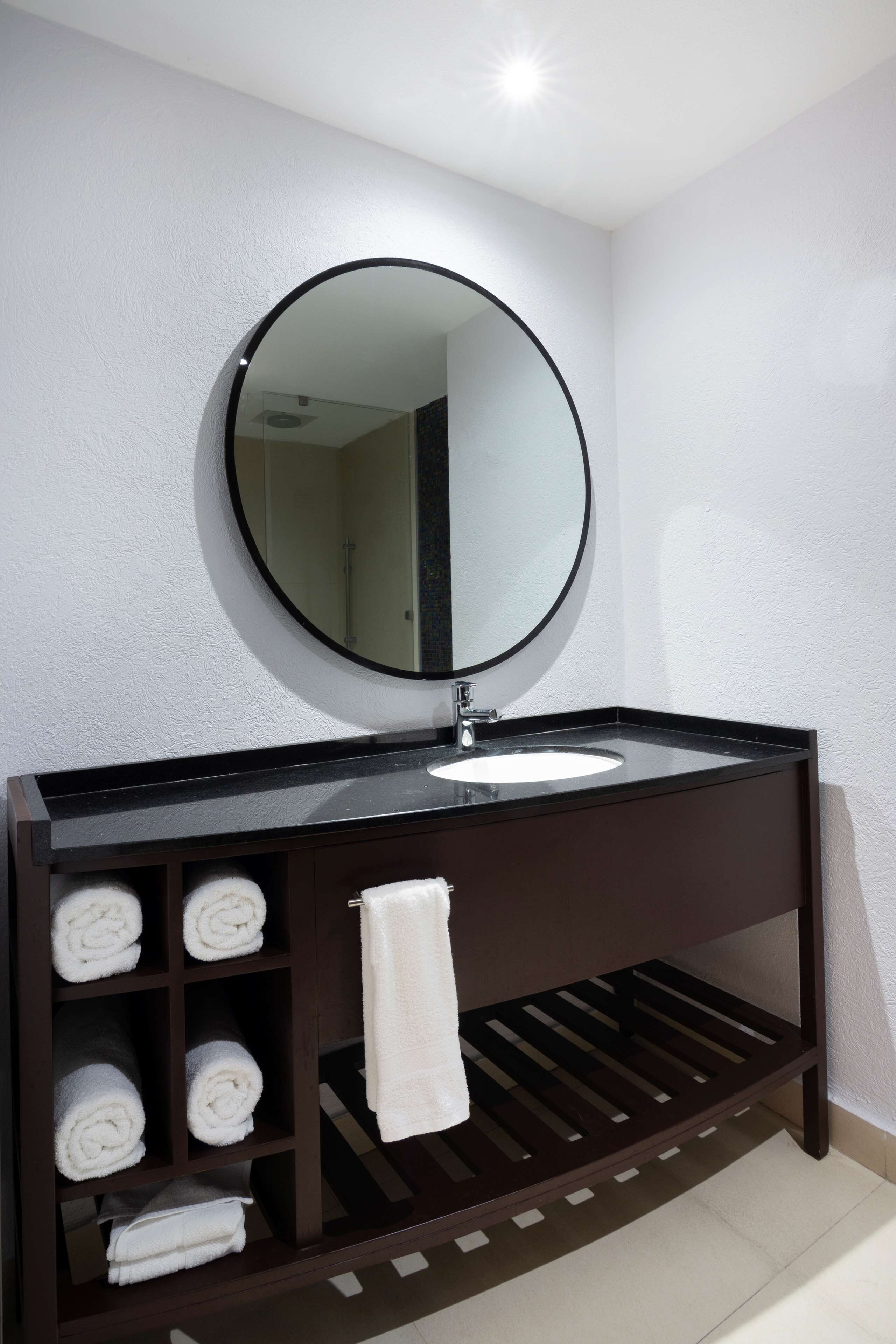 shower, rainfall showerhead, hair dryer, towels