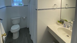 A bathroom with a toilet, sink, and shower area. - Edgehill Manor Guest House (Pembroke Parish)